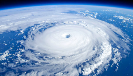 From the serene vantage point of orbit, a powerful hurricane churns over the vast blue ocean. The immense, swirling vortex of clouds reveals the calm eye at its center, a breathtaking display of natures raw power and beauty. This image captures the scale and intensity of a major weather event, perfect for illustrating themes of climate, meteorology, and natural phenomena.の素材