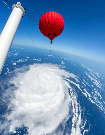 From the serene quiet at the edge of space, a red scientific weather balloon captures a breathtaking view of a powerful hurricane churning over the ocean. This high-altitude perspective offers crucial data for meteorology and climate research, showcasing the intersection of advanced technology and the raw, untamed power of nature.の素材