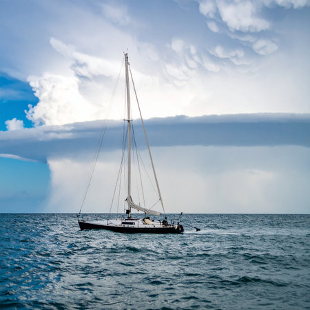 A lone sailboat bravely cuts through the choppy ocean waves, navigating under a vast and dramatic sky. Heavy storm clouds gather on the horizon, promising a challenge, yet a patch of blue sky offers a glimmer of hope and the promise of clear sailing ahead. This image captures the spirit of adventure, resilience, and the powerful beauty of nature.の素材