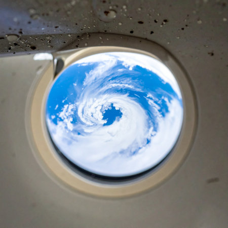From the quiet confines of a spacecraft porthole, a breathtaking view of Planet Earth unfolds. A powerful hurricane swirls over the deep blue ocean, a mesmerizing display of natures force seen from the serene perspective of outer space. This image captures a moment of awe, highlighting both the beauty and fragility of our world.の素材