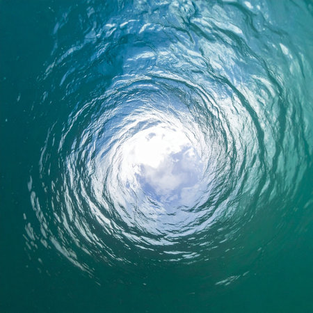 From the quiet depths, a swirling vortex of water opens up to the surface, a powerful and mesmerizing portal to the light above. This abstract view captures a moment of transition, mystery, and the serene beauty found beneath the waves.の素材