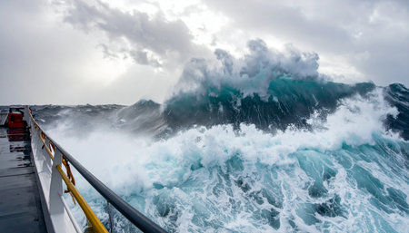 A massive rogue wave towers over the deck of a vessel, its crest breaking into a chaotic explosion of white foam. The ship battles through the violent, churning waters of a powerful ocean storm, a dramatic scene of natures raw power and the challenge of survival at sea.の素材