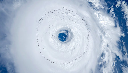 From the quiet of orbit, a massive hurricane churns over the ocean. This satellite view captures the terrifying beauty and immense power of a tropical cyclone, with the calm, clear eye providing a stark contrast to the destructive spiral of clouds. A powerful visual for themes of climate change, meteorology, and the raw force of nature.の素材