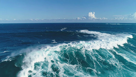 An awe-inspiring aerial perspective captures the raw power of the ocean as a massive turquoise wave crests and breaks, sending white foam across the deep blue surface. This majestic scene evokes a sense of untamed nature, freedom, and the profound tranquility found in the seas vastness.の素材