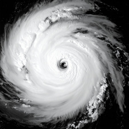 From the quiet vantage point of space, a massive hurricane churns with immense power. This black and white satellite image captures the dramatic spiral of the storm clouds, drawing the eye to the calm, ominous centerthe eye of the storm. A powerful visual representing natural force, climate events, and impending danger.の素材