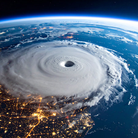 From the silent vantage point of orbit, a colossal hurricane churns over the Earth. Its powerful, swirling form is a breathtaking display of natures force, starkly contrasted against the delicate, glowing grid of city lights below, a reminder of the planets simultaneous beauty and vulnerability.の素材