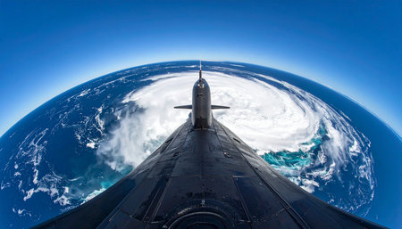 A futuristic nuclear submarine is positioned above the planet Earth as seen from space, creating a surreal and powerful image. This concept represents global strategy, advanced military technology, surveillance, and the ultimate projection of naval power on an international scale.の素材