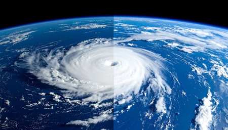 From the silent vantage point of space, a colossal hurricane churns over the deep blue ocean. This awe-inspiring view captures the immense power and beautiful, yet destructive, force of nature on a planetary scale, a stark reminder of Earths dynamic climate.の素材