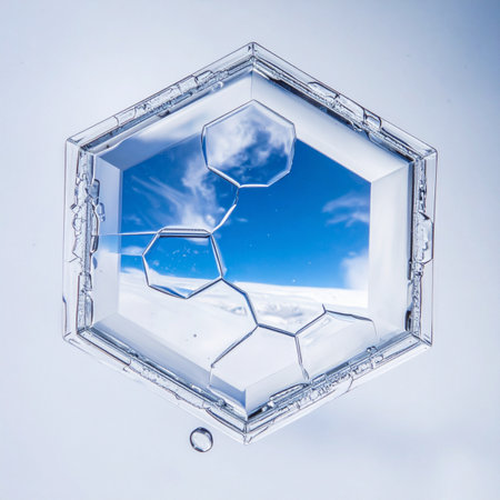 A microscopic view into a world of wonder. This macro photograph captures a single, perfectly formed hexagonal snowflake, its crystalline structure acting as a lens to reflect a vast blue sky and soft white clouds. A surreal and beautiful display of natures intricate geometry and delicate artistry.の素材