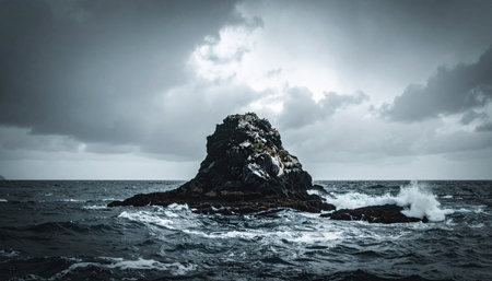 A lone, dark rock formation stands defiant against the powerful, crashing waves of a turbulent sea. Above, a dramatic and moody sky filled with storm clouds adds to the epic sense of natures raw power, symbolizing resilience, strength, and survival against adversity.の素材