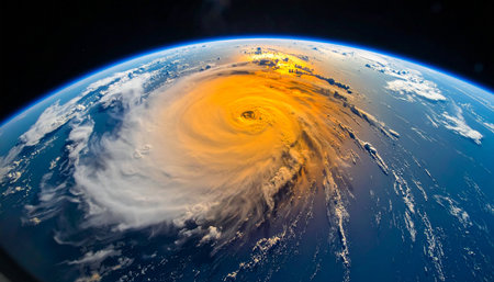 From the silent vantage point of orbit, a colossal hurricane churns over the planets surface. The setting sun casts a fiery glow on the swirling vortex, highlighting the immense and terrifying beauty of natures power. This satellite perspective offers a stark reminder of Earths volatile climate.の素材