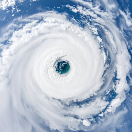From the quiet vantage point of space, a colossal hurricane churns over the deep blue ocean. This satellite view captures the immense and terrifying beauty of natures power, with swirling clouds forming a perfect spiral around the calm, dark eye of the storma stark reminder of the forces shaping our planets climate.の素材