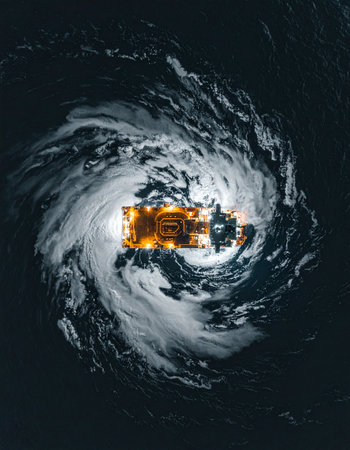From the silence of space, a colossal planetary hurricane rages. Yet, in its calm eye, a futuristic city glowsa self-sufficient ark of light and order amidst the swirling chaos. This is a powerful visual of humanitys resilience, innovation, and survival against the overwhelming forces of nature.の素材