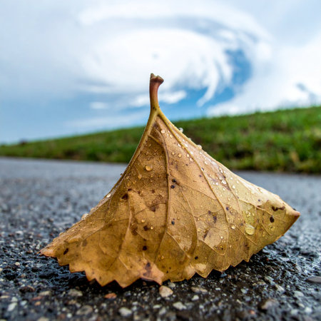 A single, curled autumn leaf rests on the dark, textured asphalt after a rain. In the background, a dramatic, swirling sky suggests an impending storm, creating a powerful scene of solitude, resilience, and the cycles of nature.の素材