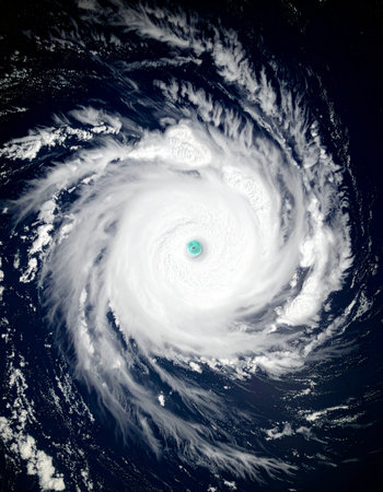 From the quiet stillness of orbit, a massive hurricane churns over the deep blue ocean. This satellite view captures the immense and beautiful power of nature, a swirling vortex of clouds that represents both awe-inspiring force and a significant threat, a stark reminder of Earths dynamic climate.の素材
