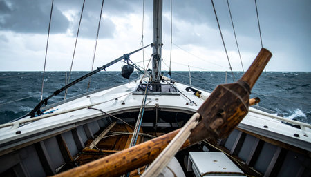 From the bow of a sailboat, the vast, turbulent ocean stretches out under a dramatic, stormy sky. This image captures the raw essence of adventure, the challenge of navigating rough seas, and the thrill of a journey into the unknown.の素材