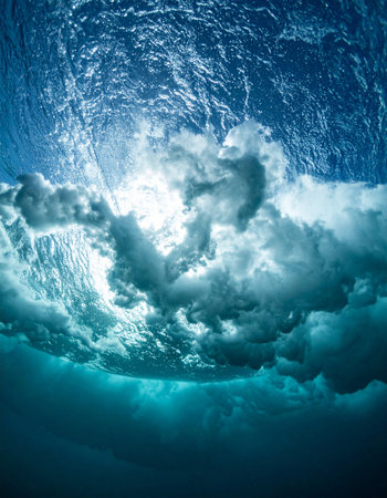 From beneath the surface, the world transforms into a chaotic yet beautiful spectacle. Sunlight pierces through a powerful ocean wave as it breaks, creating a vortex of energy, foam, and light. This immersive view captures the raw, untamed power of nature in a moment of dramatic transformation.の素材