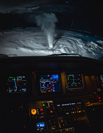 From the pilots seat, the illuminated high-tech cockpit provides a stark contrast to the dark, snowy night outside. A plume of de-icing fluid vapor rises from the windshield, a critical safety procedure ensuring a clear view for takeoff. This is a moment of intense focus and preparation before a challenging winter flight.の素材