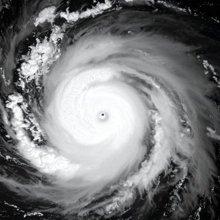 From the silent vantage point of space, a massive hurricane churns with immense power. The perfectly formed eye offers a deceptive calm at the center of a swirling, chaotic vortex of clouds, a breathtaking and terrifying display of natures raw force.の素材