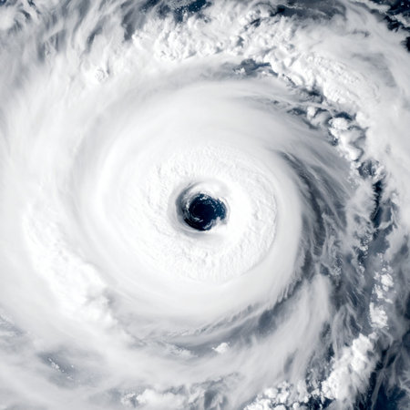 From the quiet vantage point of space, a massive hurricane churns over the ocean. The powerful storm system forms a perfect spiral, drawing the eye towards the calm, dark centerthe eye of the storm. This image captures the immense power and awe-inspiring structure of a major weather event, symbolizing both natures fury and its beautiful, terrifying symmetry.の素材
