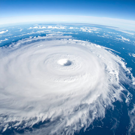 From the quiet serenity of orbit, the immense and terrifying power of a hurricane is on full display. A massive vortex of swirling white clouds churns over the deep blue ocean, a stark and beautiful reminder of natures raw force and the planets dynamic weather systems.の素材