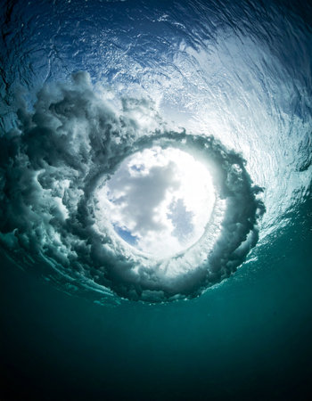 From the quiet depths of the ocean, a powerful wave creates a swirling vortex, opening a surreal window to the sunlit sky above. This mesmerizing view captures the dynamic energy and tranquil beauty of the sea, a portal between two worlds.の素材