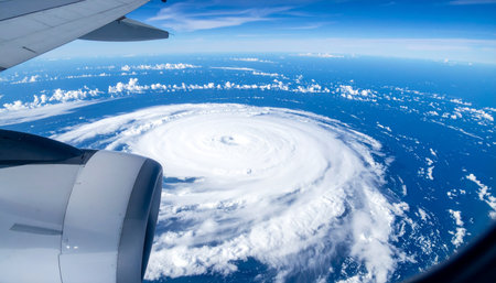 From an airplane window, a breathtaking view of a massive hurricane churning over the ocean. The calm eye of the storm is clearly visible, a stark contrast to the powerful, swirling clouds, showcasing the epic and dramatic force of nature from a unique high-altitude perspective.の素材