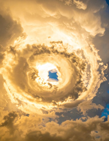 A breathtaking view of the heavens opening up, as golden clouds swirl into a majestic vortex. A glimpse of serene blue sky at the center suggests a gateway to another world, evoking feelings of wonder, spirituality, and the immense power of nature.の素材