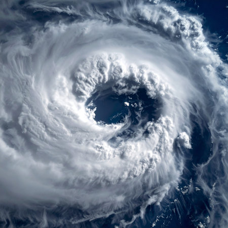 From the quiet of orbit, the immense power of a hurricane is a breathtaking and terrifying sight. A massive vortex of clouds swirls over the deep blue ocean, its calm eye a deceptive center to the chaotic force of nature unfolding on the planet below. This satellite view captures the raw energy and scale of a major weather event, a stark reminder of Earths dynamic and sometimes destructive climate.の素材