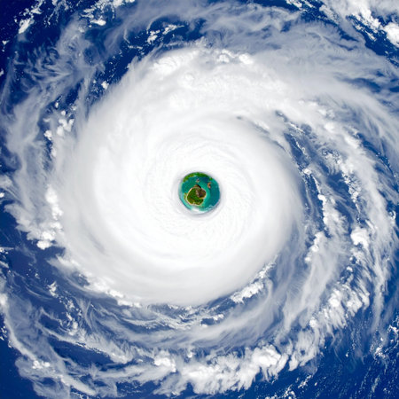 From the quiet vantage point of space, a colossal hurricane churns over the deep blue ocean. At its center, the deceptively calm eye reveals a glimpse of the world below, a stark contrast to the immense and destructive power swirling around it, symbolizing both natures beauty and its force.の素材