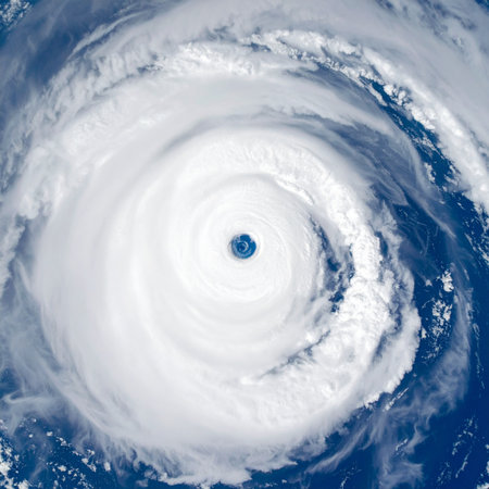 From the quiet of space, a powerful hurricane is seen churning over the deep blue ocean. Its immense, swirling cloud bands form a perfect spiral, leading to the calm, clear eye at its centera stark contrast that highlights the awesome and destructive force of natures weather phenomena.の素材