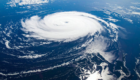 A breathtaking view from space captures the immense power and scale of a major hurricane. The swirling vortex of clouds forms a perfect eye in the center, a deceptive calm amidst the catastrophic force churning over the deep blue ocean. This image represents natures raw power and global weather patterns.の素材