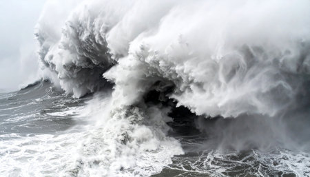 A colossal wave rears up from the depths of a turbulent, storm-tossed sea, its crest exploding in a chaotic display of white foam. This image captures the raw, untamed power of nature in its most dramatic form, symbolizing immense force, overwhelming challenges, and the unstoppable energy of the ocean.の素材