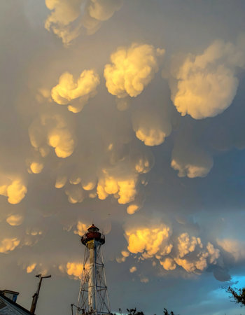 As the sun dips below the horizon, it casts a final, golden glow upon a rare formation of mammatus clouds. The surreal, pouch-like shapes hang in the darkening sky above the city, creating a moment of dramatic, awe-inspiring beauty and hinting at the power of an approaching storm.の素材