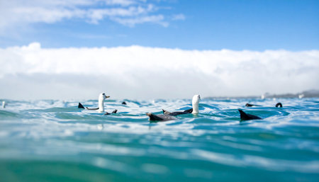 From a unique water-level perspective, a group of surfers patiently waits in the lineup, their boards bobbing on the gentle swell. Its a moment of quiet camaraderie and shared anticipation under a vast blue sky, as they scan the horizon for the next perfect wave to ride.の素材