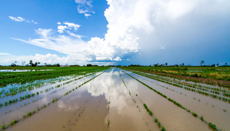 A newly planted rice paddy field, flooded with water, perfectly mirrors the vast and dramatic cloudy sky above. This serene landscape captures the beginning of the growing season, symbolizing the deep connection between land and weather in agriculture.の素材