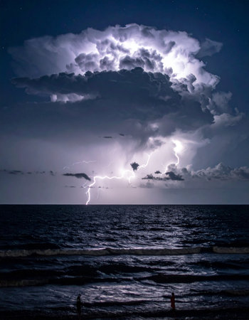 Under a turbulent night sky, a colossal storm cloud unleashes a brilliant fork of lightning, momentarily illuminating the dark, churning ocean below. On the distant shore, two small figures stand in awe, witnessing the raw and majestic power of natures spectacle.の素材