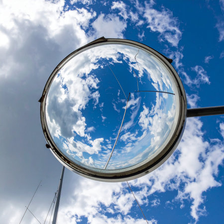 A cracked convex safety mirror offers a distorted, fisheye view of a beautiful blue sky filled with fluffy white clouds. The fracture in the glass adds a layer of imperfection and fragility to the otherwise serene scene, symbolizing broken perspectives or seeing beauty through hardship.の素材