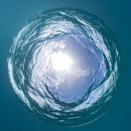 From the quiet depths, a view upwards reveals the suns brilliant light breaking through the rippling surface. This perspective captures a moment of hope, tranquility, and the serene boundary between two worlds, suggesting a peaceful escape or a new beginning.の素材