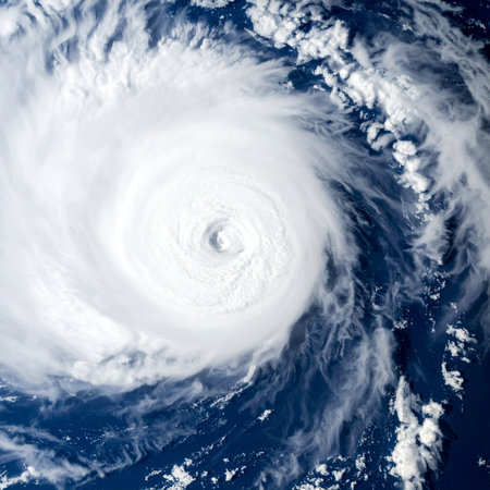 From the silent vantage point of space, a massive hurricane churns over the deep blue ocean. The storms colossal spiral of clouds is a display of natures immense power, with the calm, clear eye at its center offering a deceptive tranquility amidst the catastrophic force of this major weather event.の素材