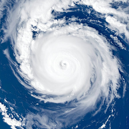 From the quiet stillness of space, a colossal hurricane churns over the deep blue ocean. Its immense, swirling form is a breathtaking display of natures raw power, a beautiful yet terrifying vortex that speaks to the planets dynamic and sometimes destructive forces.の素材