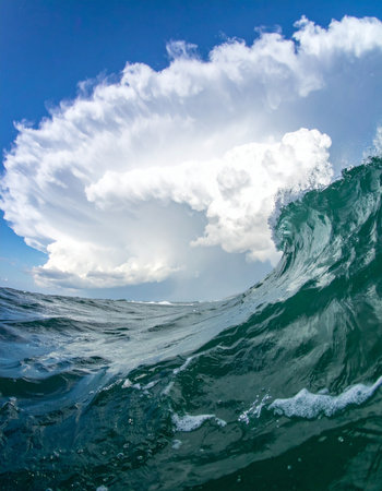 From the heart of the ocean, a powerful green wave rises to meet a colossal, towering cloud in the sky. This dramatic scene captures the raw, untamed energy of nature, showcasing a moment of immense power and majestic beauty where the sea and sky collide.の素材