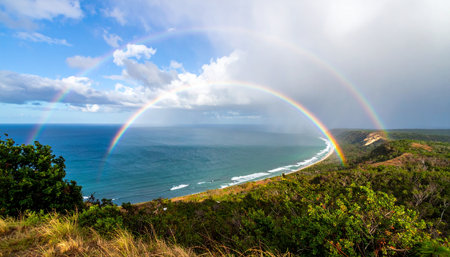 A breathtaking, full-arc rainbow emerges from the clouds, casting a magical glow over a pristine, secluded coastline. This stunning natural phenomenon creates a sense of hope and wonder, framing the lush green hills and the turquoise ocean below in a moment of pure, unspoiled beauty.の素材
