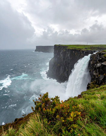 Witness the raw power of nature as a freshwater waterfall cascades dramatically from a lush green clifftop directly into the churning, stormy sea below. This epic coastal landscape captures a sense of wild adventure and the untamed beauty of a remote, rugged shoreline under a moody, overcast sky.の素材