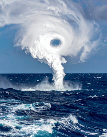 A colossal waterspout churns the ocean surface, its powerful vortex connecting the turbulent sea with the stormy sky above. This dramatic display of natures raw power evokes a sense of awe and danger, symbolizing immense force and the unpredictable challenges of climate change.の素材