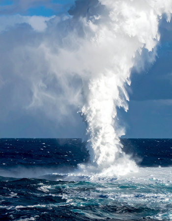 A colossal column of white water explodes from the deep blue ocean, capturing a moment of immense natural power. This spectacular breach showcases the raw, untamed energy of marine wildlife in its vast, open habitat, leaving a sense of awe and wonder at the mysteries hidden beneath the waves.の素材