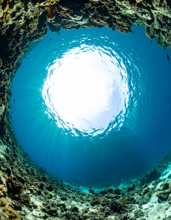 From the quiet depths of a submerged sea cave, a breathtaking view upwards reveals a circular opening to the sun-drenched surface. The brilliant light filters through the turquoise water, creating a sense of hope, discovery, and a portal to another world.の素材