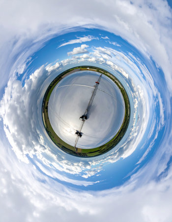 A single wind turbine stands at the center of its own tiny world, a testament to sustainable power. This unique 360-degree aerial perspective wraps the landscape and a dramatic cloudy sky into a surreal sphere, symbolizing a global commitment to clean, renewable energy and a hopeful vision for the future of our planet.の素材