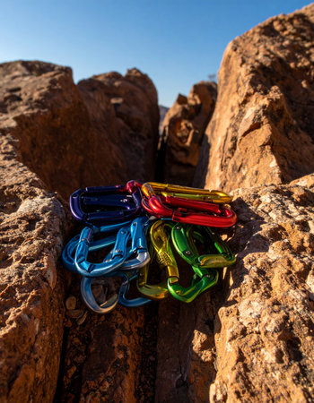 A vibrant collection of multi-colored climbing carabiners sits nestled in a sun-drenched rock crevice, ready for the next ascent. This image captures the essence of preparation, adventure, and the rugged beauty of outdoor sports.の素材