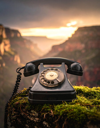 An old rotary phone, a relic of a bygone era, sits unexpectedly on a mossy rock overlooking a vast canyon at sunset. This surreal and thought-provoking scene symbolizes a lost connection, a call to nature, or the juxtaposition of technology and the timeless wilderness.の素材